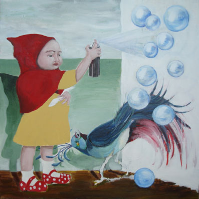 schilderij van een moslim meisje met blue bird en bellen